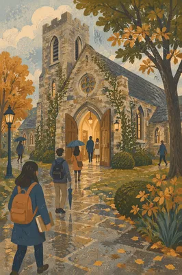 Historic University Chapel on Autumn Morning