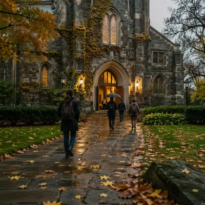 Historic University Chapel on Autumn Morning