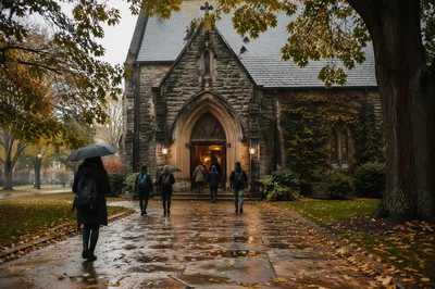 Historic University Chapel on Autumn Morning