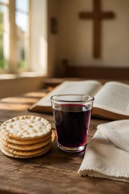 Communion Bread and Grape Juice on Table