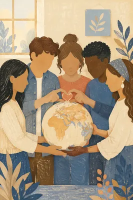 Young Church Volunteers Holding Globe in Prayer