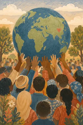 Global Compassion Globe with Reaching Hands