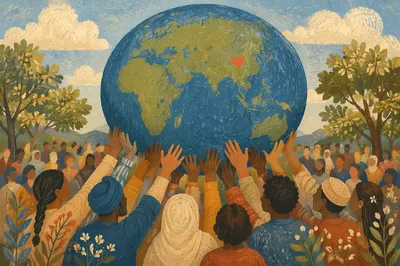 Global Compassion Globe with Reaching Hands