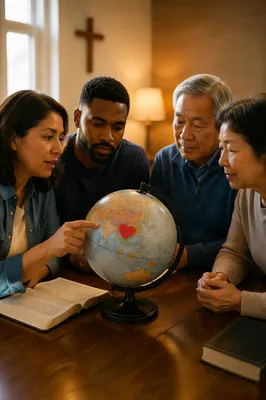Small Group Studying Globe With Heart
