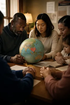 Prayer Circle Around Globe in Community Room