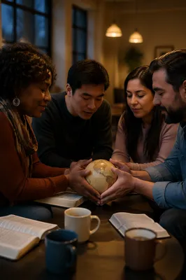 Small Group Around Globe at Dusk