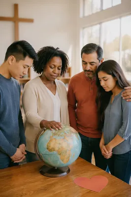 Diverse Group Around Globe and Paper Heart