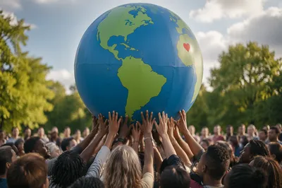 Global Compassion Globe Over Worship Crowd