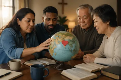 Group Studying Globe with Red Heart