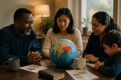 Prayer Circle Around Globe and Red Heart