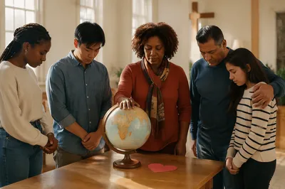 Diverse Group Reflecting Around Globe and Heart