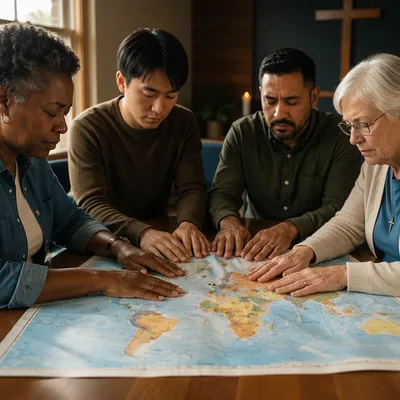 Small Group Prayer Around World Map