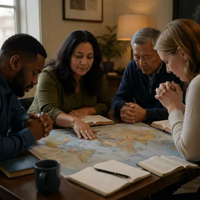 Multicultural Prayer Group Around World Map