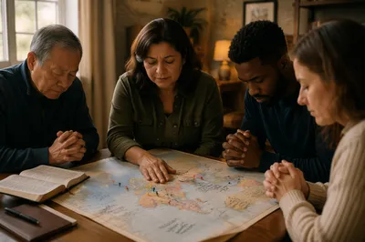 Multicultural Prayer Group Around World Map