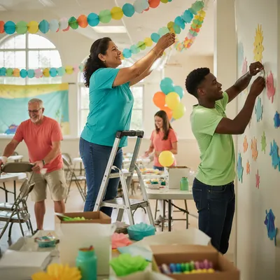 Volunteers Decorating Bright Church Hall Together