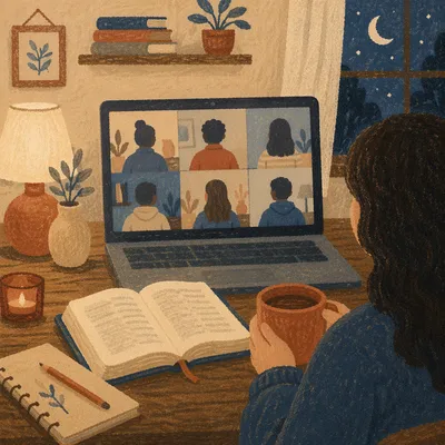 Virtual Bible Study on Evening Laptop Screen