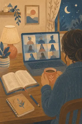 Virtual Bible Study on Evening Laptop Screen