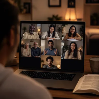 Virtual Bible Study on Laptop at Home