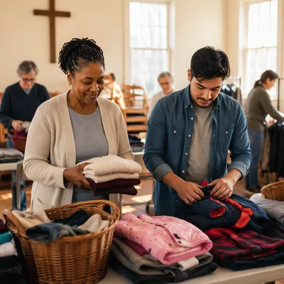 Church Volunteers Sorting Donated Clothes Indoors