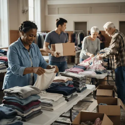 Volunteers Sorting Donated Clothes Indoors