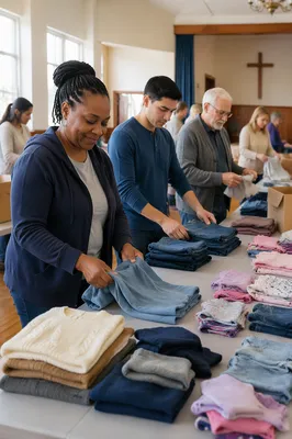 Volunteers Sorting Donated Clothes Indoors