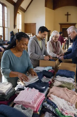 Volunteers Sorting Donated Clothes Indoors