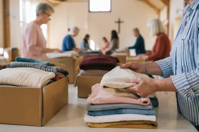 Church Volunteers Sorting Donated Clothes Together