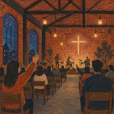 Industrial Warehouse Church Evening Worship Interior