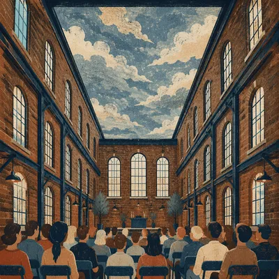 Warehouse Church Atrium Under Cloudy Sky