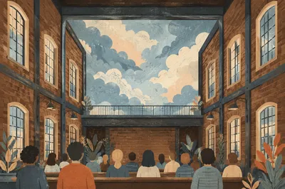 Warehouse Church Atrium Open to Cloudy Sky