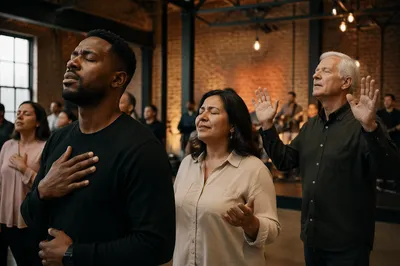 People Worshipping in Industrial Brick Church