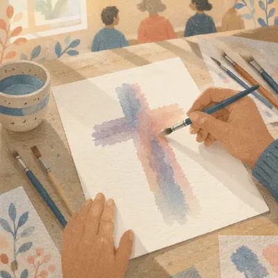 Soft Watercolor Cross Painting in Church Room