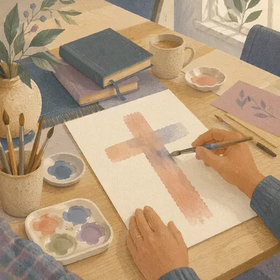 Soft Watercolor Cross on Church Art Table