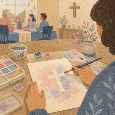 Soft Watercolor Cross Fellowship Art Table