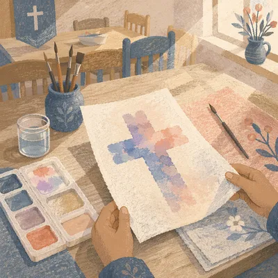 Soft Watercolor Cross on Church Art Table