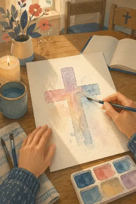 Watercolor Cross Painting in Morning Light