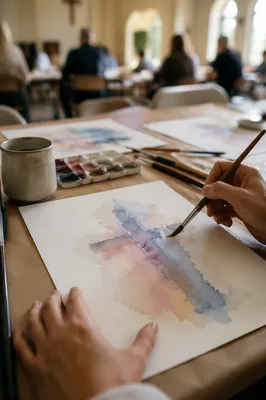 Watercolor Cross Painting in Quiet Church
