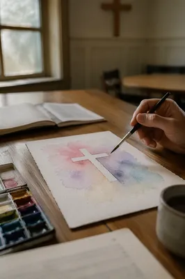 Watercolor Cross on Quiet Church Table