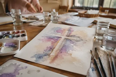 Abstract Watercolor Cross on Wooden Table