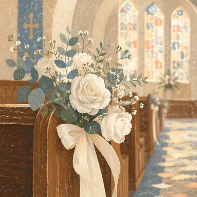 White Rose Wedding Bouquet in Church Light