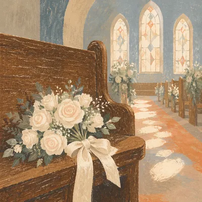 White Rose Wedding Bouquet on Church Pew
