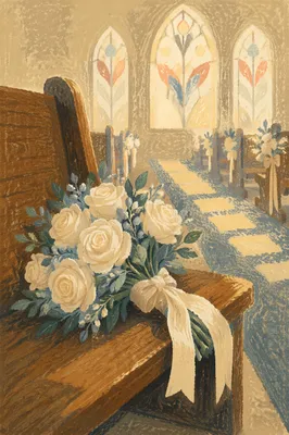 White Rose Wedding Bouquet on Church Pew