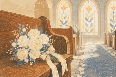 White Rose Wedding Bouquet on Church Pew