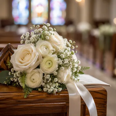 White Rose Wedding Bouquet on Pew