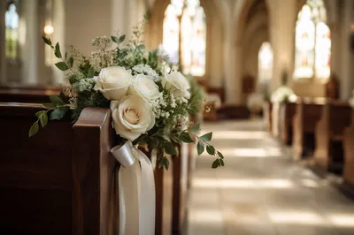 White Rose Wedding Bouquet on Church Pew