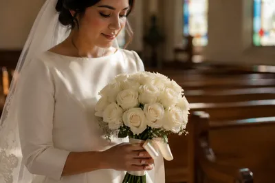 Bride Holding White Rose Bouquet