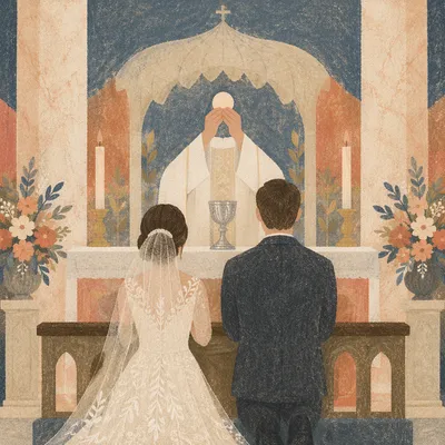 Bride and Groom Kneeling at Church Altar