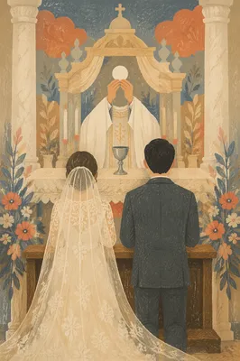 Bride and Groom Kneeling at Church Altar