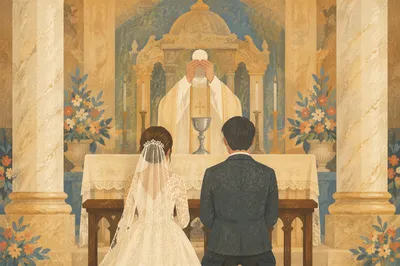 Bride and Groom Kneeling at Church Altar