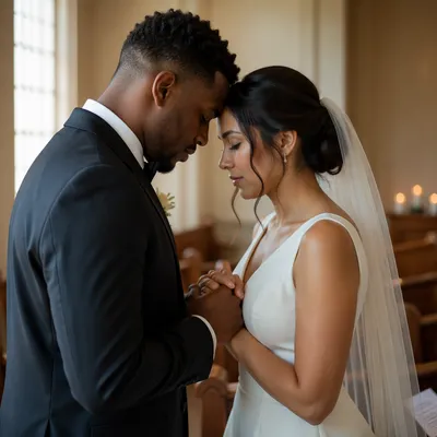 Wedding Couple Praying in Quiet Chapel
